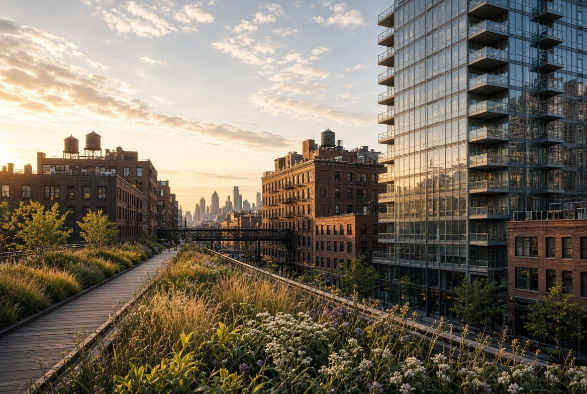 The High Line at sunset with wild plantings, brick warehouse buildings and a glass condo tower in Chelsea