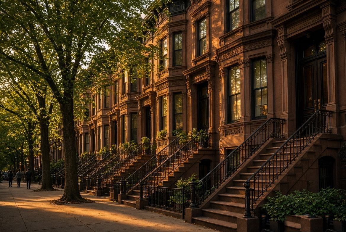 Harlem brownstone row with ornate stoops and street trees glowing in late-day sun