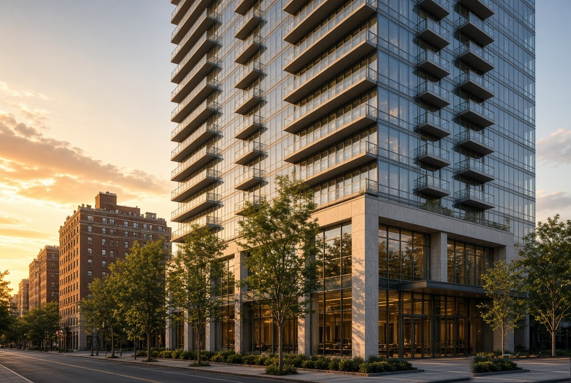A modern glass condo tower at street level in evening light