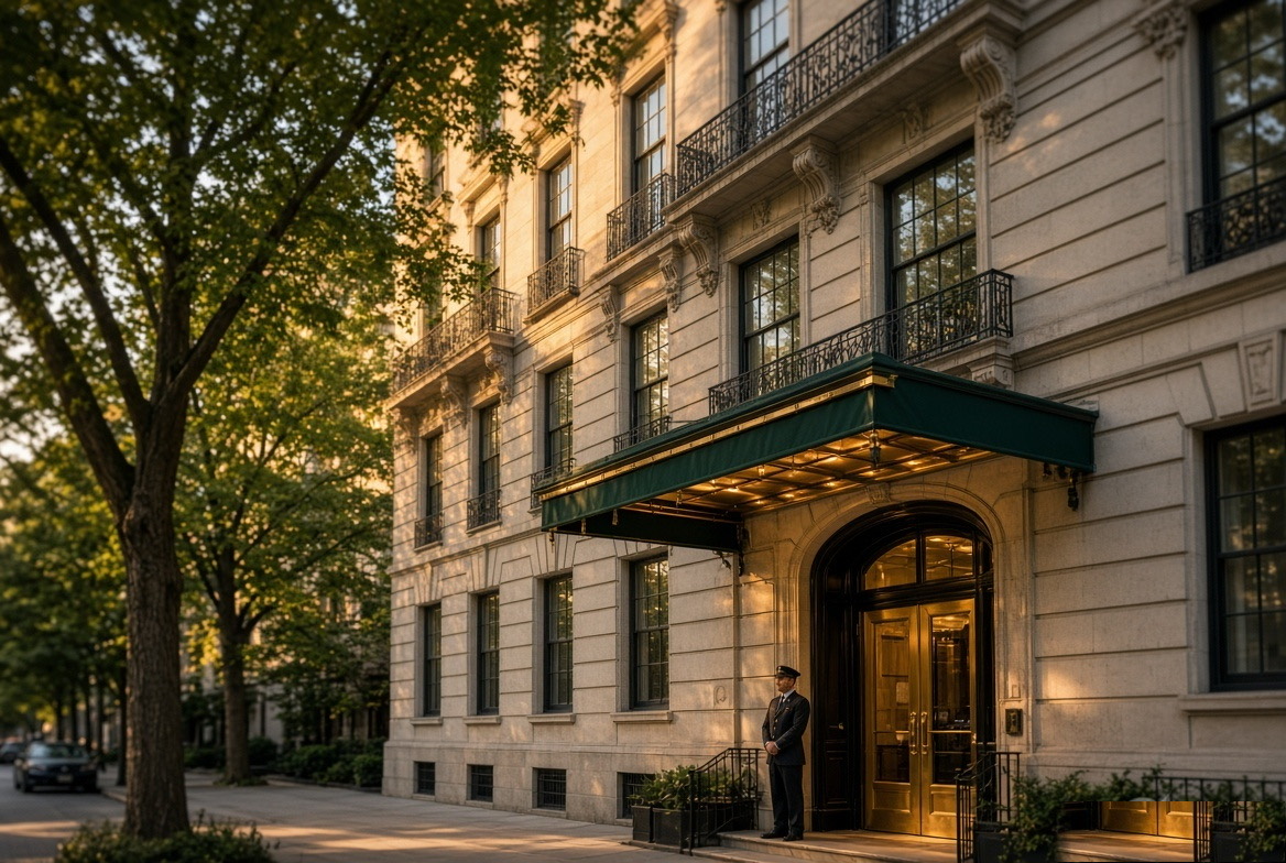 Doorman standing beneath the green awning of a classic pre-war Manhattan co-op building