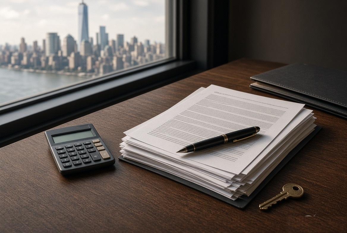 Calculator, contract stack and a single key on a desk overlooking Lower Manhattan