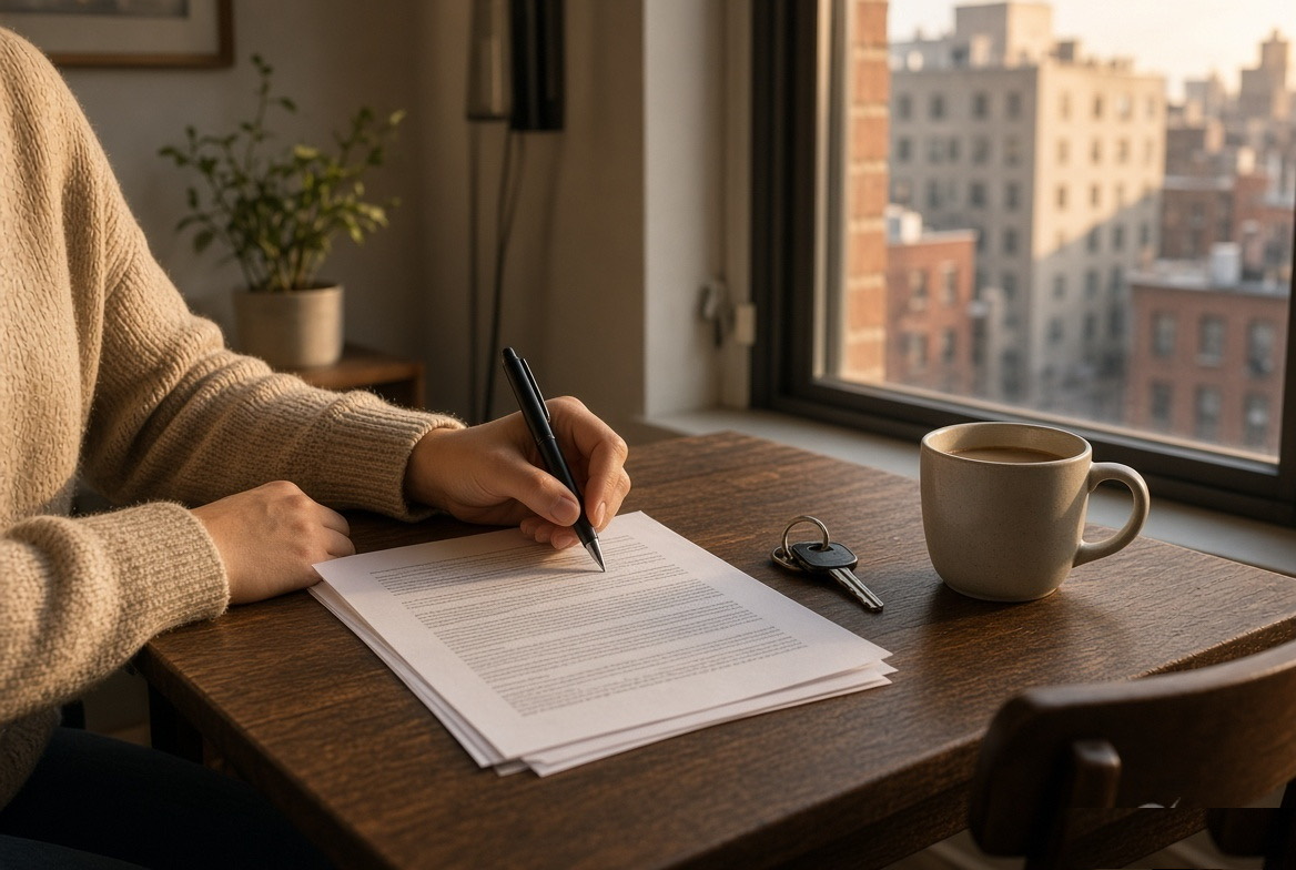 Renter signing a lease at a small table with keys and coffee, city buildings through the window