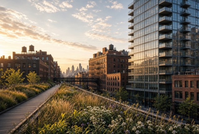 The High Line at sunset with wild plantings, brick warehouse buildings and a glass condo tower in Chelsea