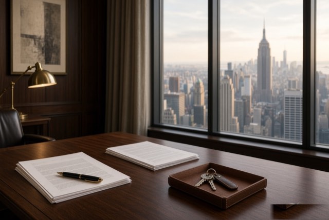 Contract papers, pen and apartment keys on a desk with the Manhattan skyline through the window