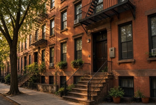 Pre-war brick walk-up apartment building with fire escapes and window boxes