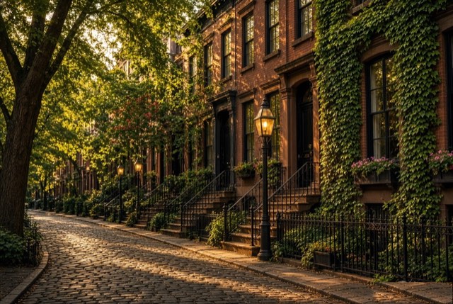 Tree-lined West Village street of ivy-covered brick townhouses with iron railings and a gas-style lamp at golden hour