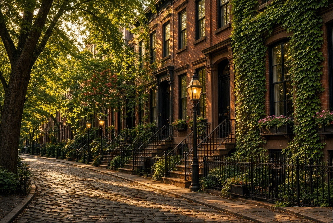 Tree-lined West Village street of ivy-covered brick townhouses with iron railings and a gas-style lamp at golden hour